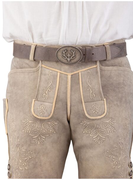 Trachtenlederhose kurz Ostarrichi Weissenberg Hirsch grau Stick natur