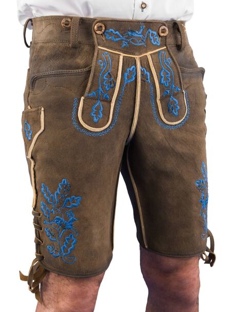Meindl Lederhose kurz Königlich Bayerische Jagahosn Hirsch sämisch zirbel blau