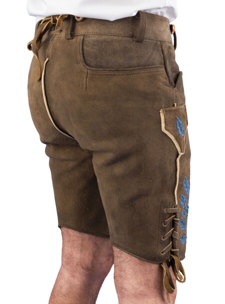 Meindl Lederhose kurz Königlich Bayerische Jagahosn Hirsch sämisch zirbel blau