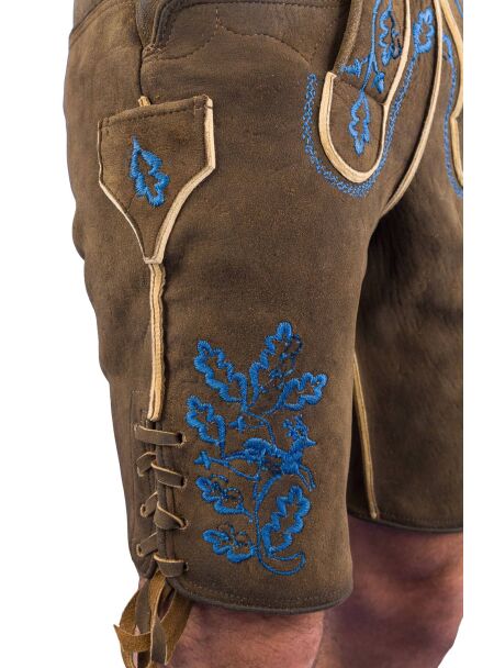 Meindl Lederhose kurz Königlich Bayerische Jagahosn Hirsch sämisch zirbel blau