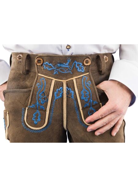 Meindl Lederhose kurz Königlich Bayerische Jagahosn Hirsch sämisch zirbel blau